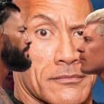 Roman Reigns face to face with Cody Rhodes with The Rock looming large in the background