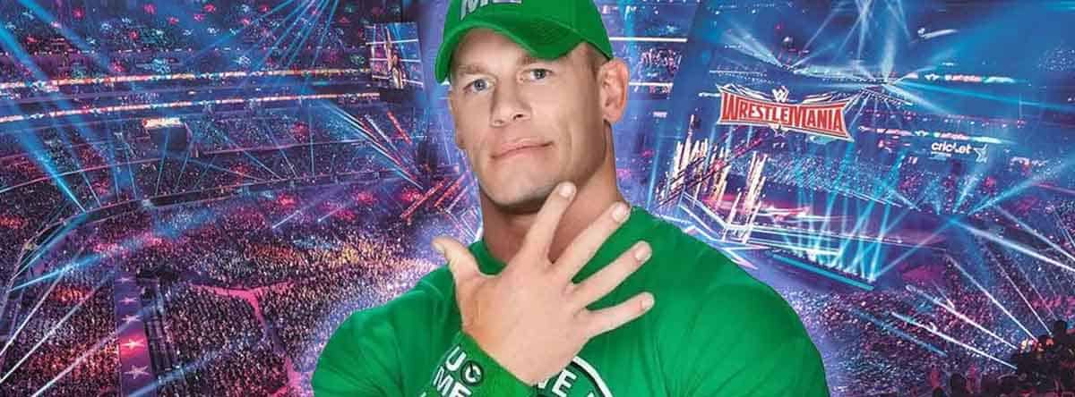 John Cena flashing a "you can't see me" sign in front of a WrestleMania crowd