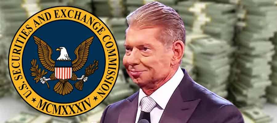 Vince McMahon and a logo for the Securities and Exchange Commission in front of stacks of cash