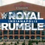 Lucas Oil Stadium with a 2025 Royal Rumble logo in front of it