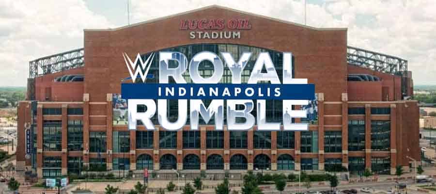 Lucas Oil Stadium with a 2025 Royal Rumble logo in front of it